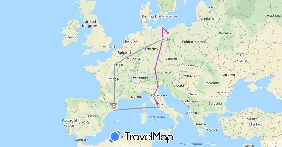 TravelMap itinerary: driving, plane, train in Germany, Spain, France, Italy, Poland (Europe)